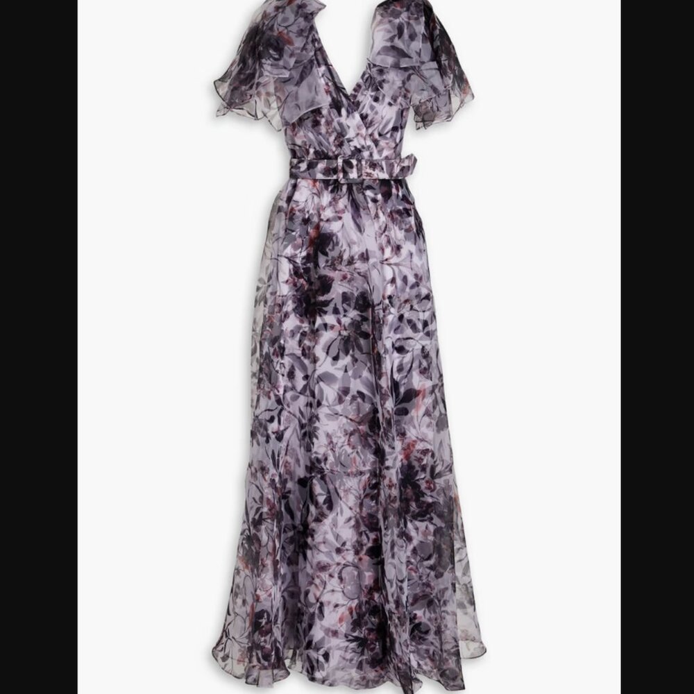Badgley Mischka Wrap-Effect Floral-Print Organza Gown in Lilac Floral